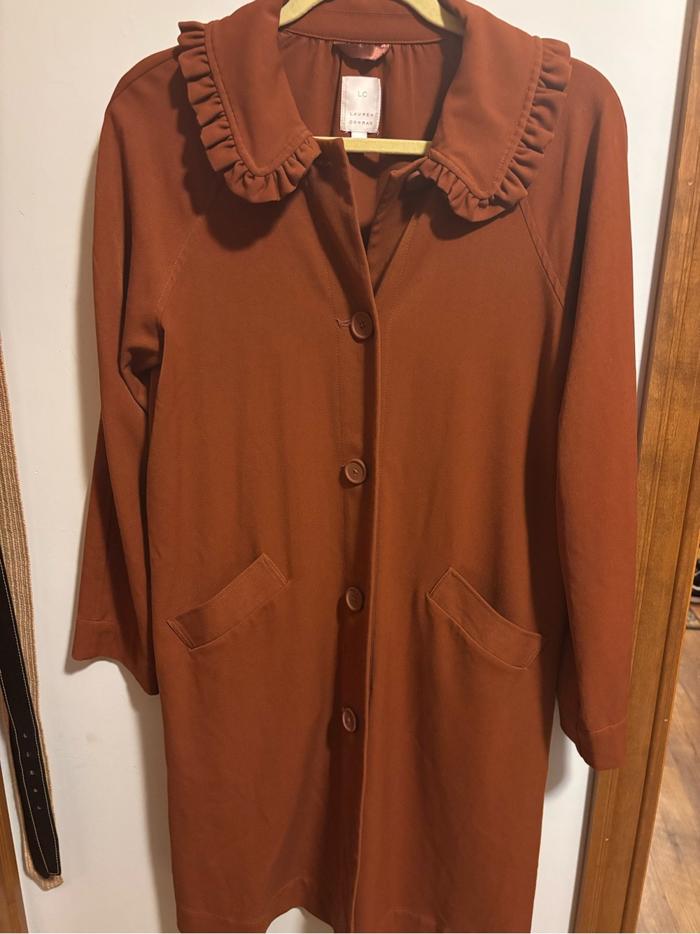 Brown Ruffle-Collar Midi Coat - Picture 2 of 4